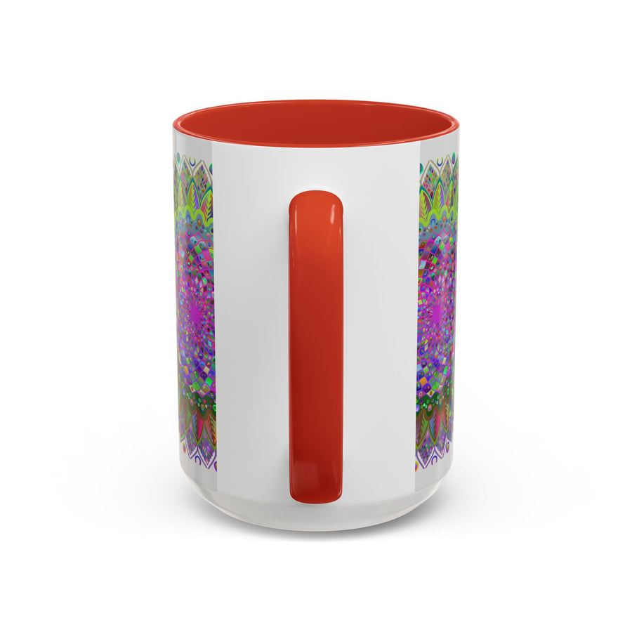 Colorful and intricate psychedelic mandala design on a grey ceramic mug