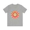 A close-up image of the Vibrant Mandala T-shirt, showcasing its intricate and colorful design with a mix of vibrant hues and detailed patterns