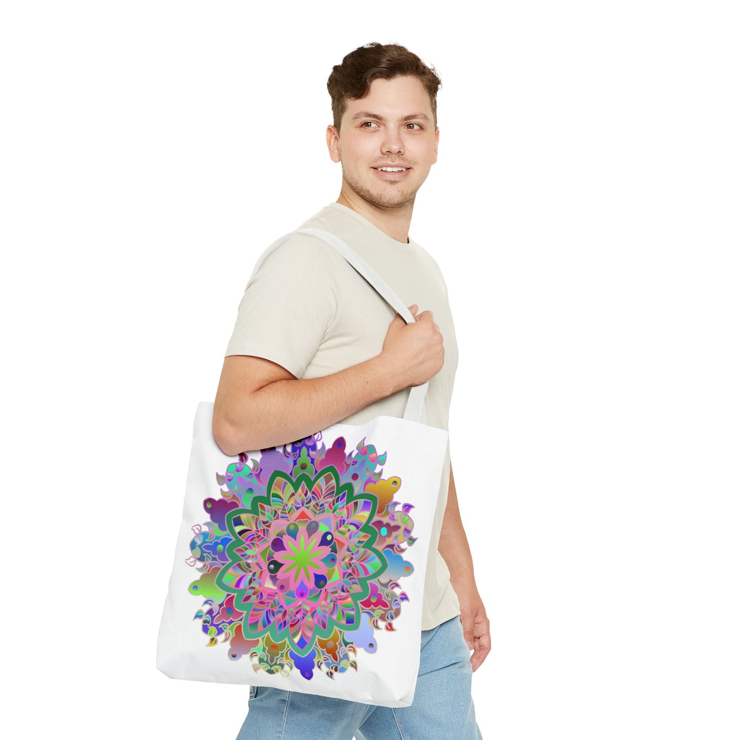 Vibrant and intricate mandala design tote bag with beautiful colors