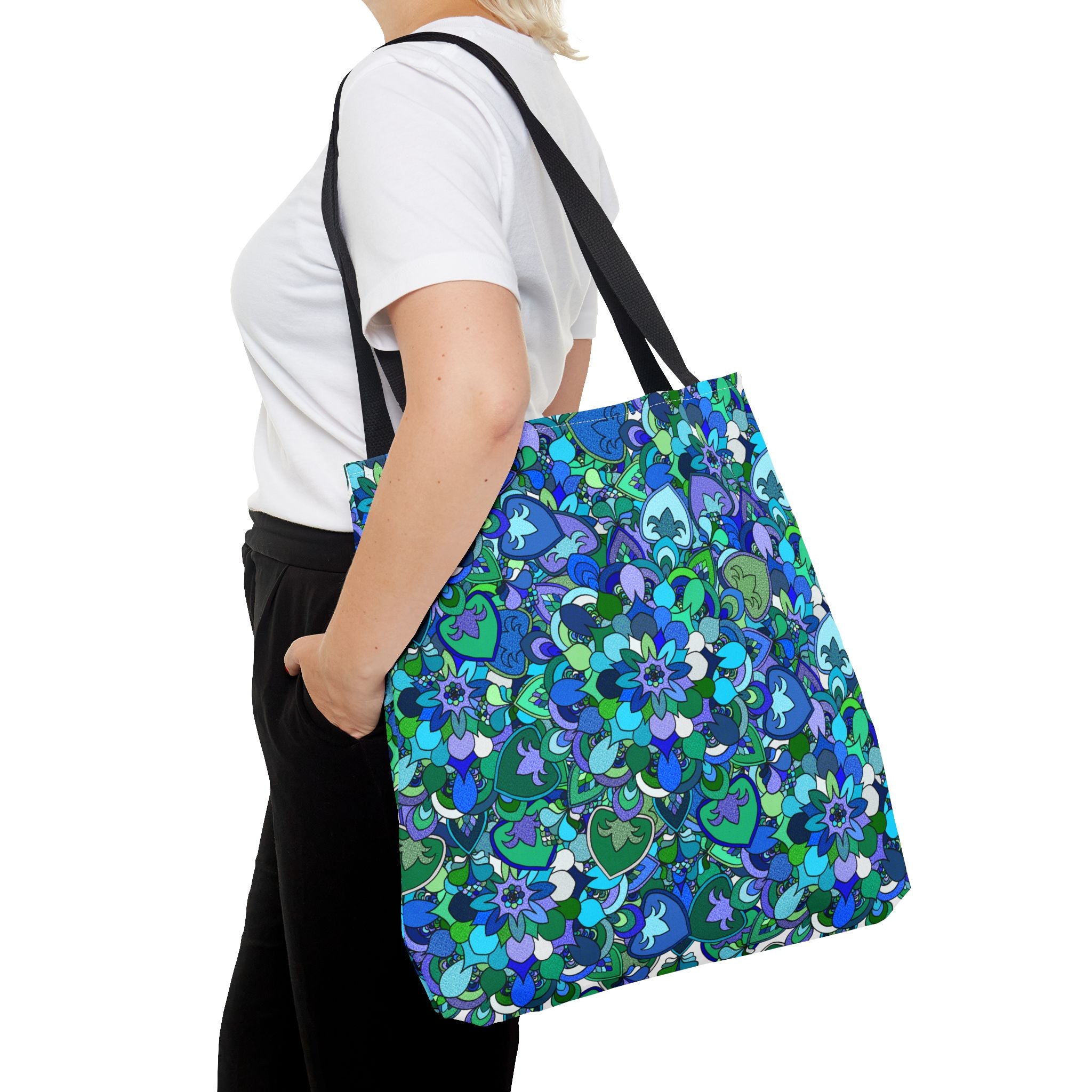 Blue Green Floral Mandala Tote Bag — Vibrant All-Over-Print Shopper