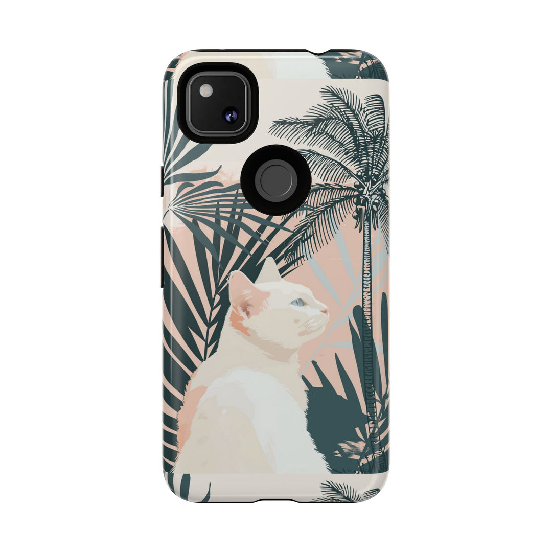 Tropische Katzen-Telefonhülle mit üppigen Palmenmotiven und sanften Pastelltönen