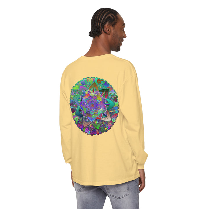 Colorful and dynamic mandala pattern adorns this unisex long sleeve tee