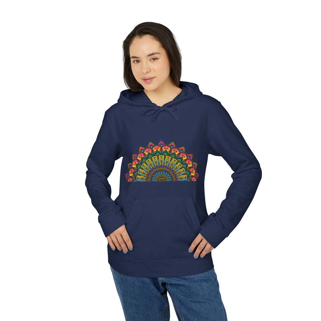 Soft and warm fleece hoodie with a colorful and eye-catching rainbow mandala design