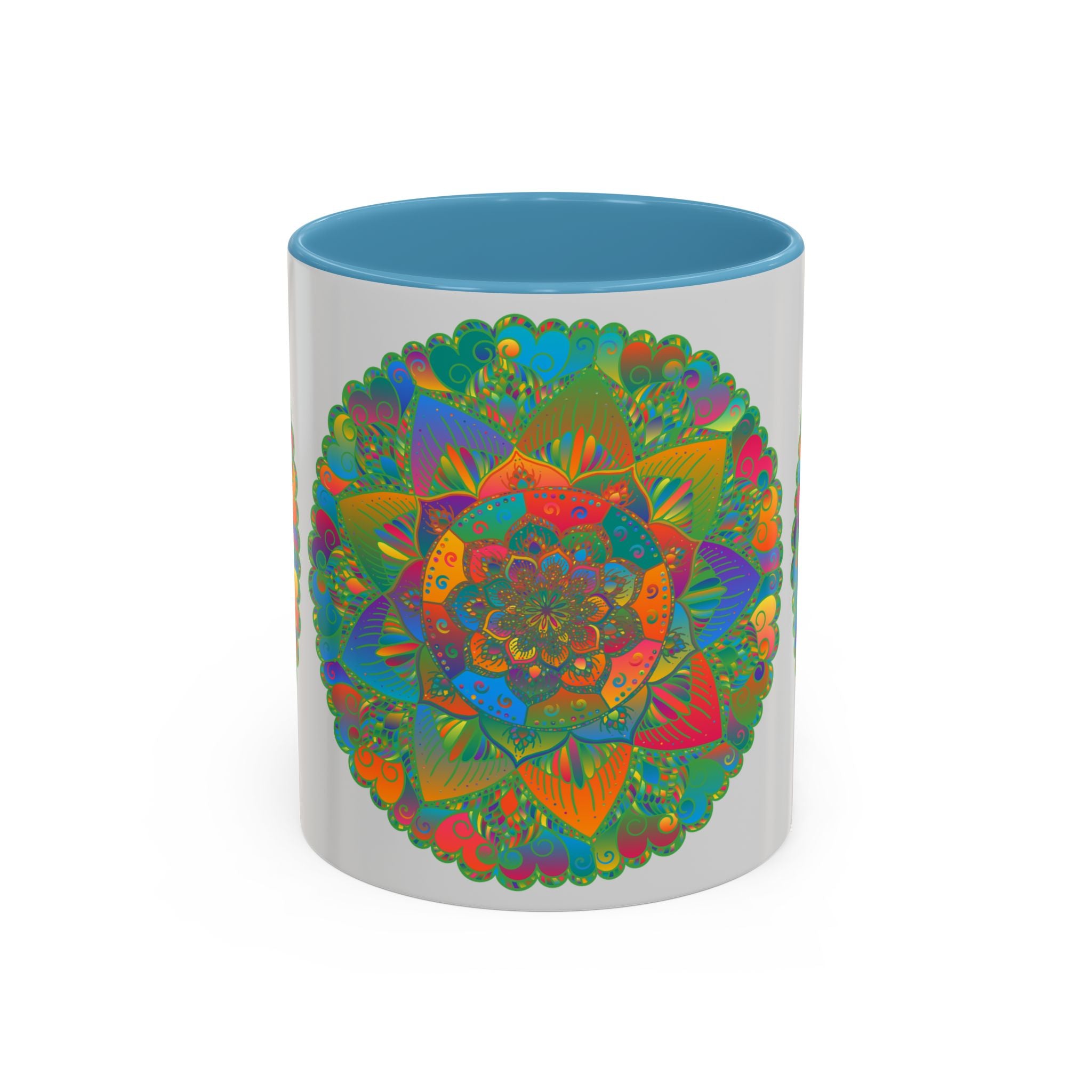 Handcrafted ceramic mug with a vibrant mandala art design featuring colorful floral patterns, perfect for enjoying your favorite hot beverages in style