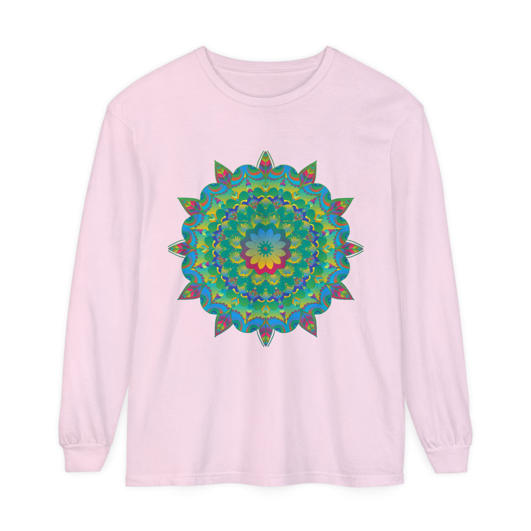 Colorful and intricate psychedelic mandala design on a long sleeve t-shirt