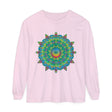 Colorful and intricate psychedelic mandala design on a long sleeve t-shirt