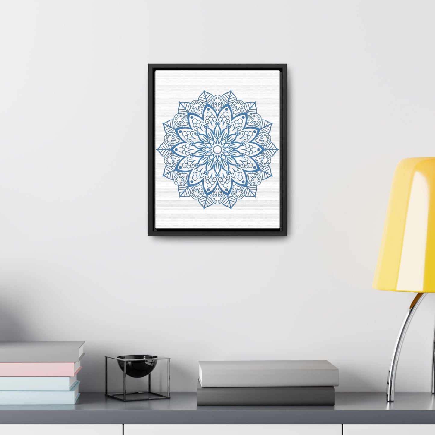 Beautiful steel blue Mandala Handmade Art, a vertical wall gallery canvas wrap featuring intricate mandala design