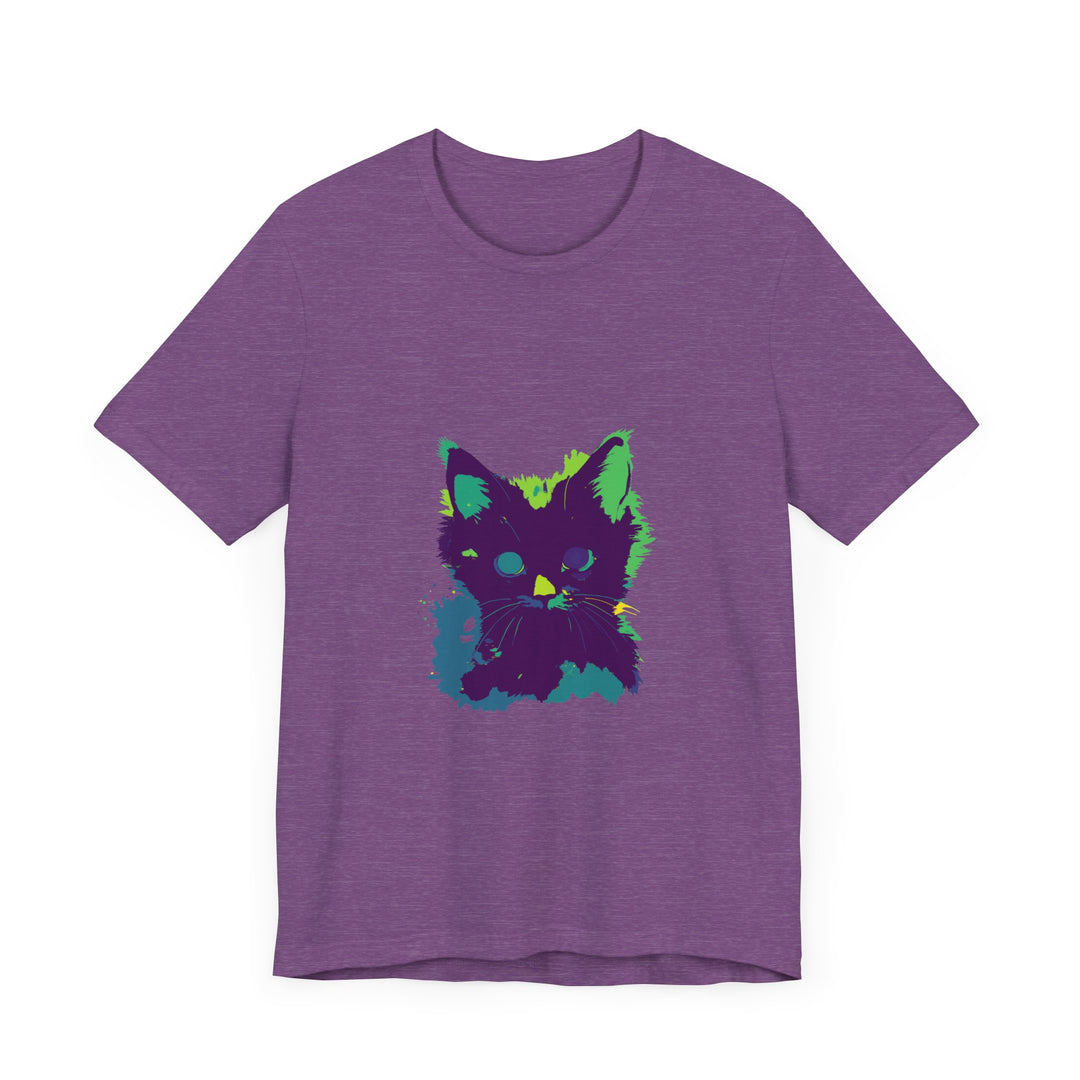 A vibrant and eye-catching black t-shirt featuring a mysterious neon black cat design