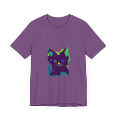 A vibrant and eye-catching black t-shirt featuring a mysterious neon black cat design