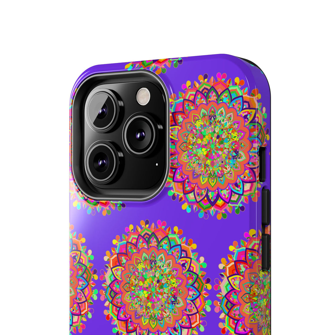 Hand drawn intricate small purple mandala art phone case designed for iPhone X and XS, showcasing unique and artistic craftsmanship