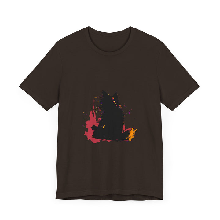 Black Cat Mystery T-Shirt featuring vibrant and dynamic colorful splatter art design