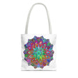 Vibrant and intricate colorful mandala tote bag with all-over print design