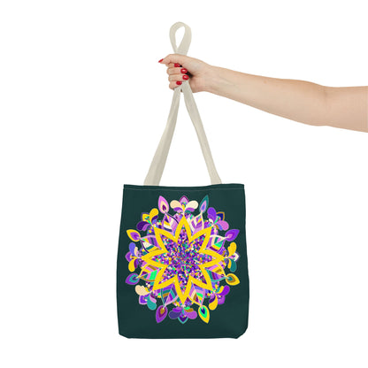 Colorful mandala tote bag in dark green with Zen girl design by Blululi, perfect for adding a pop of color and style to your outfit