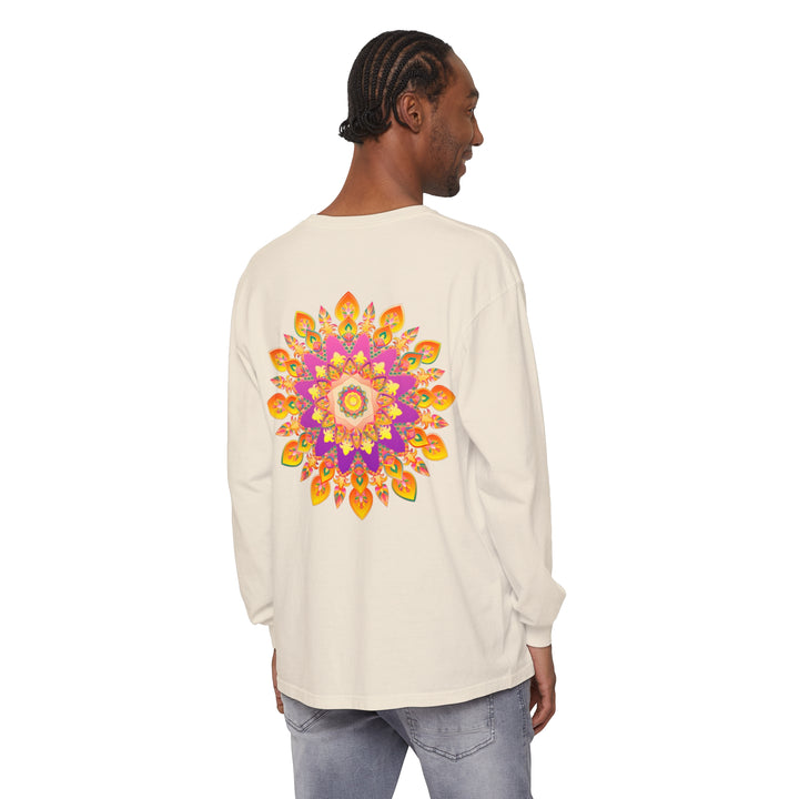 Colorful and intricate mandala design on a unisex long sleeve t-shirt