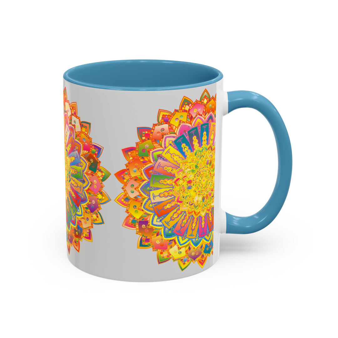 Colorful mandala mug featuring vibrant art in various colors on a grey background, perfect for adding a pop of color to your morning routine