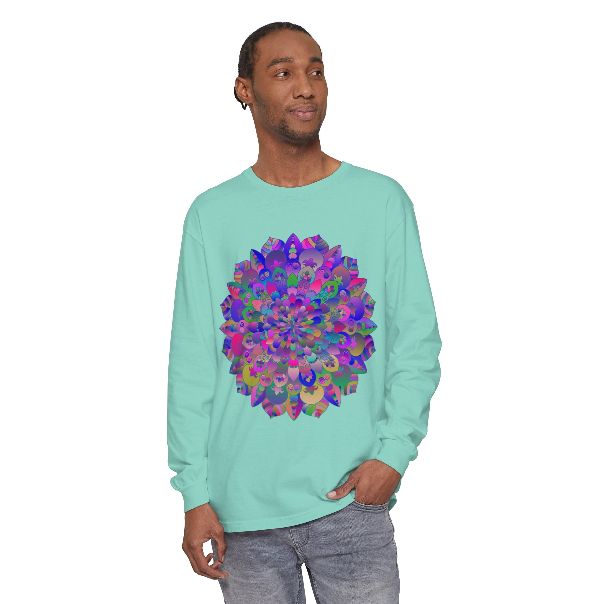 Colorful and intricate mandala design on a long sleeve t-shirt