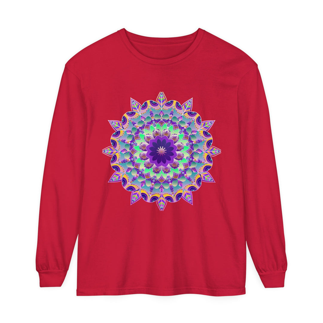 Colorful and intricate psychedelic mandala design featured on a long sleeve t-shirt