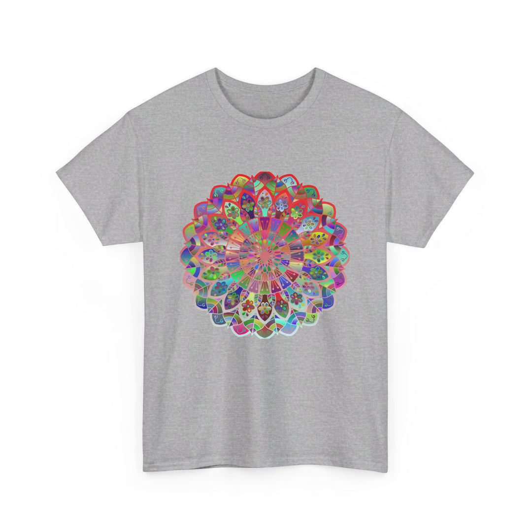 Colorful mandala art design printed on a comfortable unisex heavy cotton t-shirt for yoga and mindfulness enthusiasts