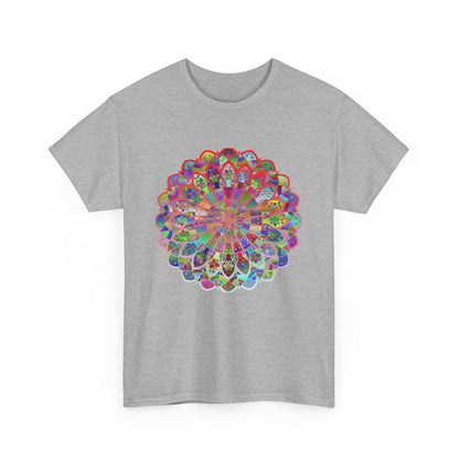 Colorful mandala art design printed on a comfortable unisex heavy cotton t-shirt for yoga and mindfulness enthusiasts