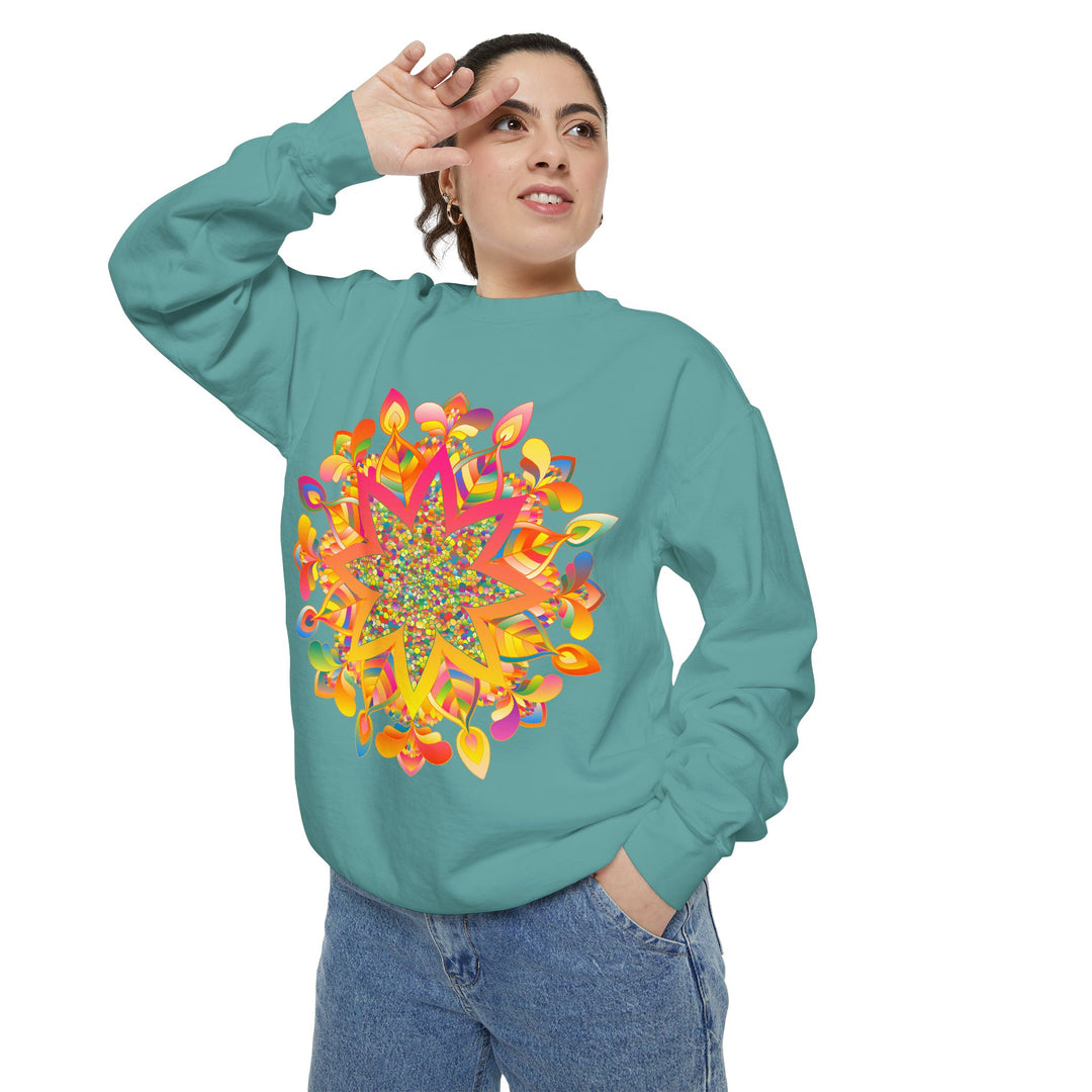 Colorful mandala sweatshirt with intricate design and vibrant hues for a stylish and comfortable look