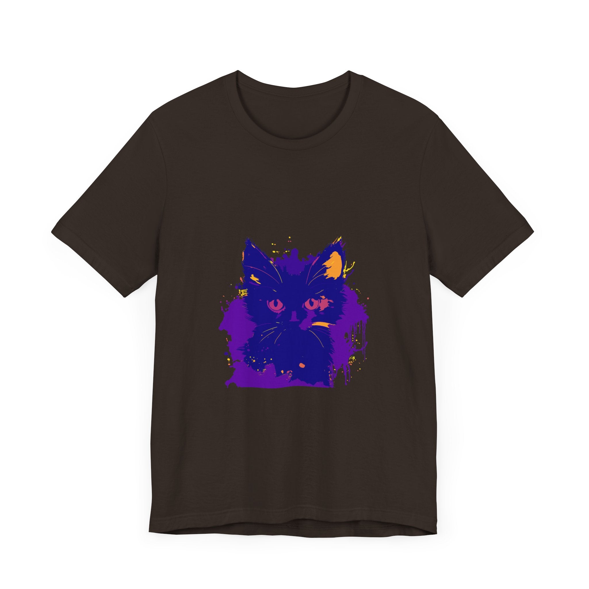 A vibrant blue and pink cat t-shirt with a whimsical design