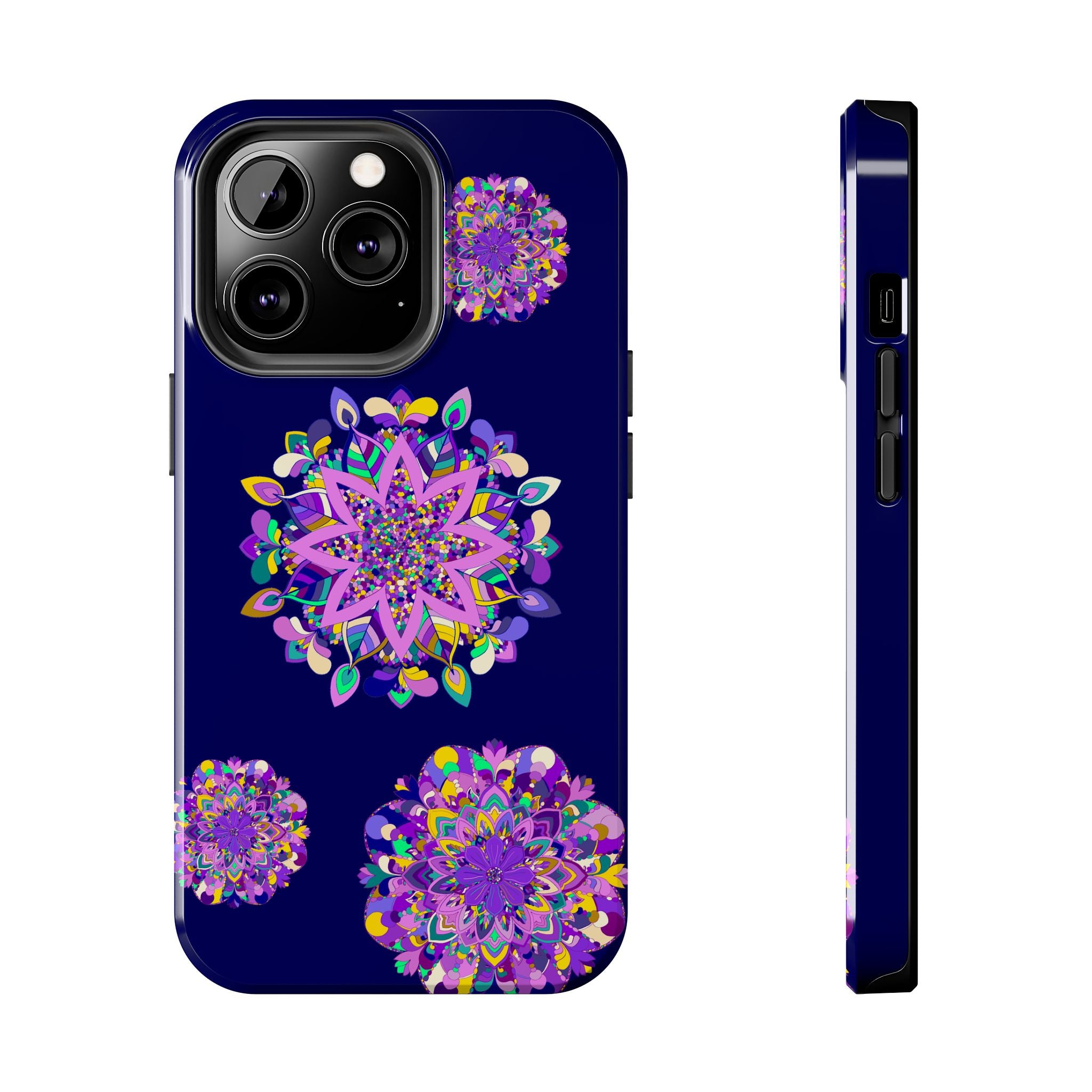 Hand drawn mandala art phone case in purple shades, known for its durability and shock absorbent features, making it a stylish and protective accessory for your device