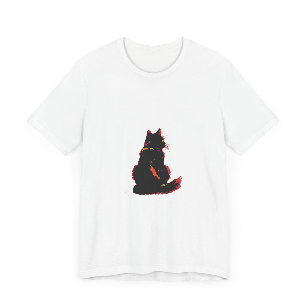 An image of a black cat mystery t-shirt with a shadowy elegance design