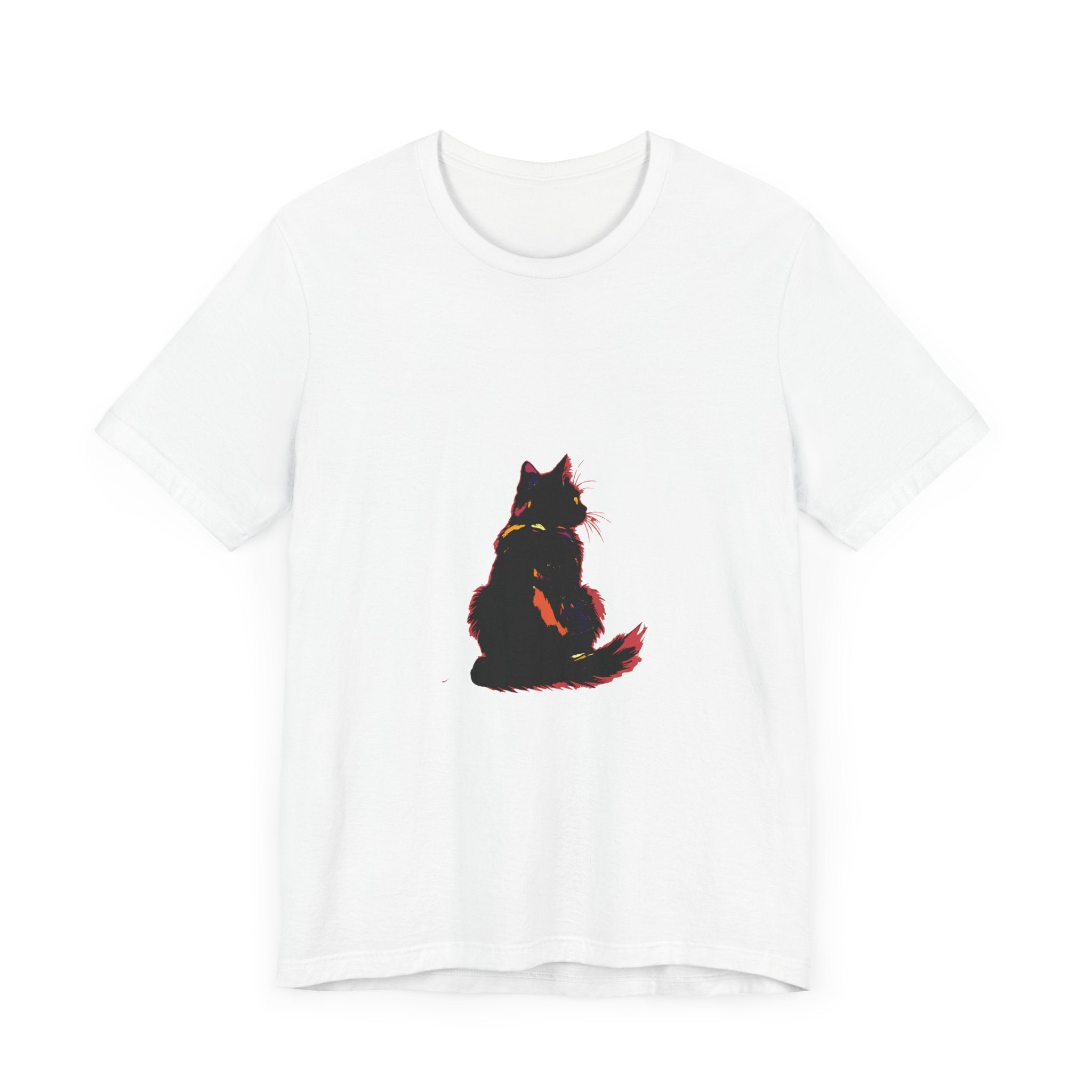 An image of a black cat mystery t-shirt with a shadowy elegance design