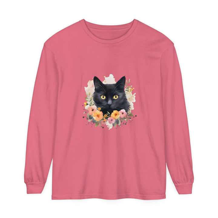 Black Cat Floral Portrait Unisex T-Shirt featuring a beautiful cat surrounded by vibrant flowers and foliage, perfect for animal lovers and nature enthusiasts