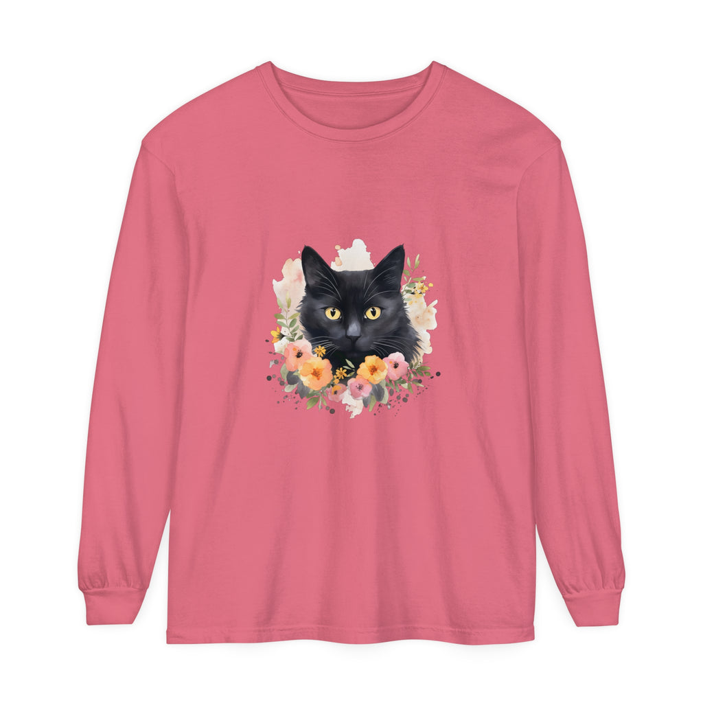 Black Cat Floral Portrait Unisex T-Shirt featuring a beautiful cat surrounded by vibrant flowers and foliage, perfect for animal lovers and nature enthusiasts