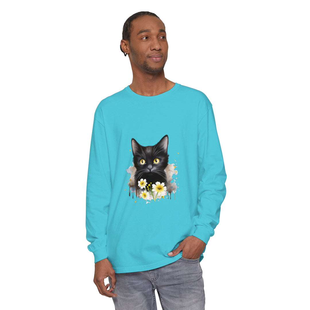 Black Cat Watercolor Floral Unisex T-Shirt featuring a beautiful watercolor floral design