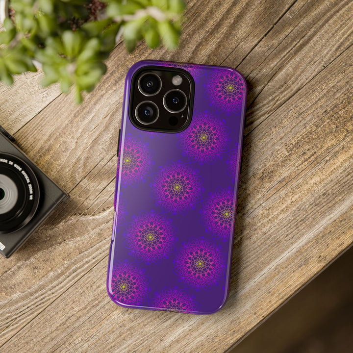 Intricate Purple Floral iPhone Case with Bold Mandala Design