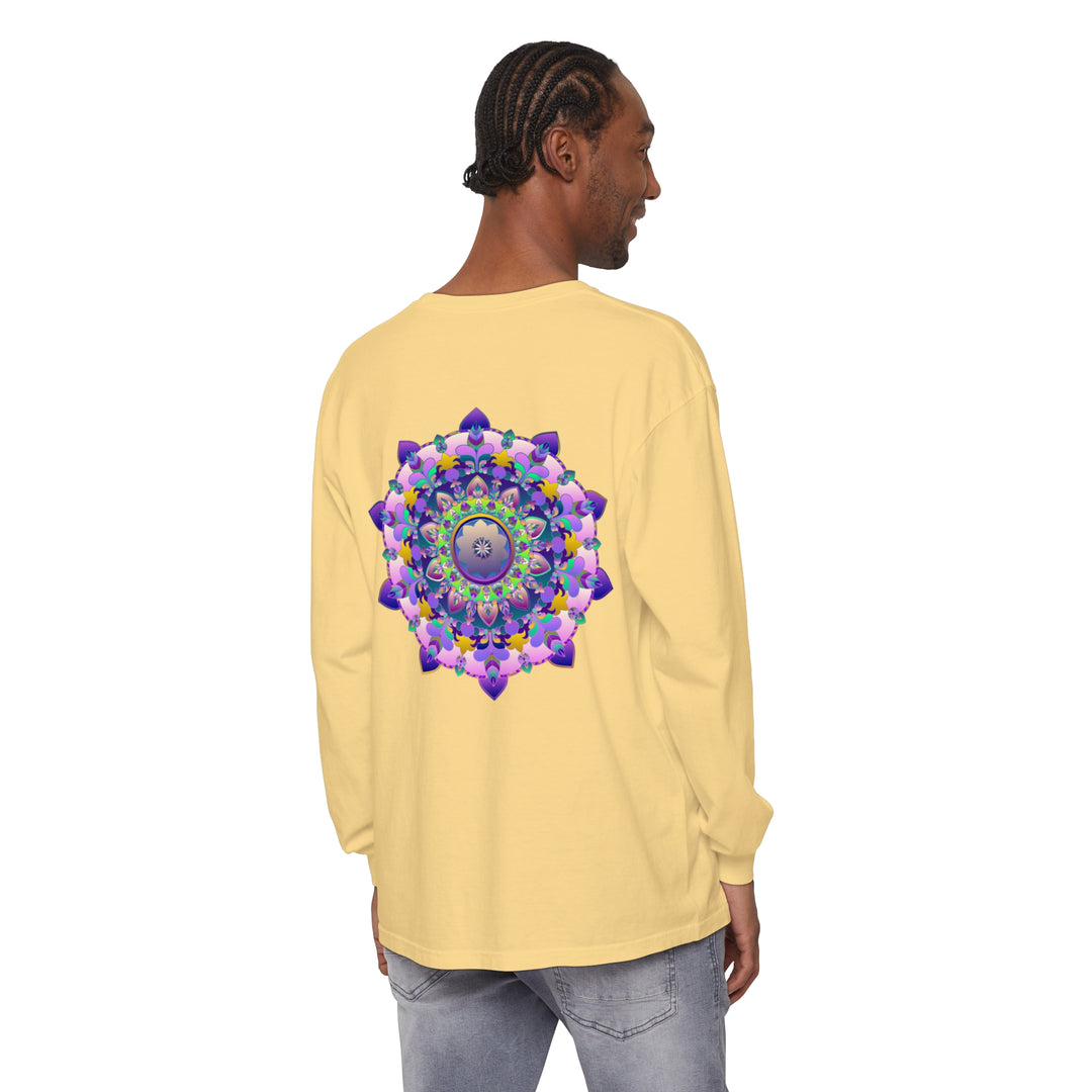 Colorful and intricate mandala design on a unisex long sleeve t-shirt