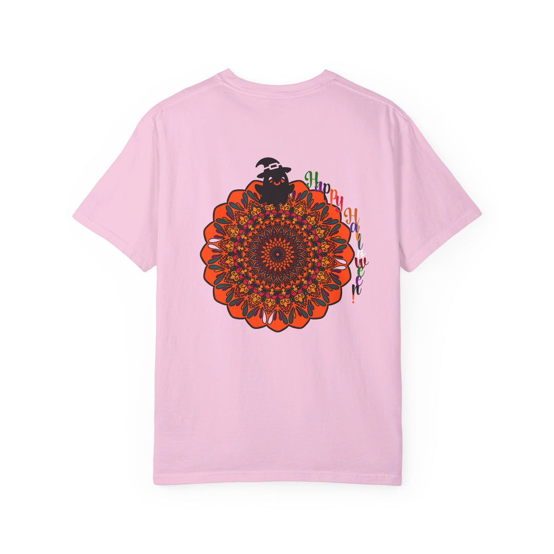 Handmade unisex Halloween Mandala T-shirt featuring intricate pumpkin mandala art on a garment-dyed tee