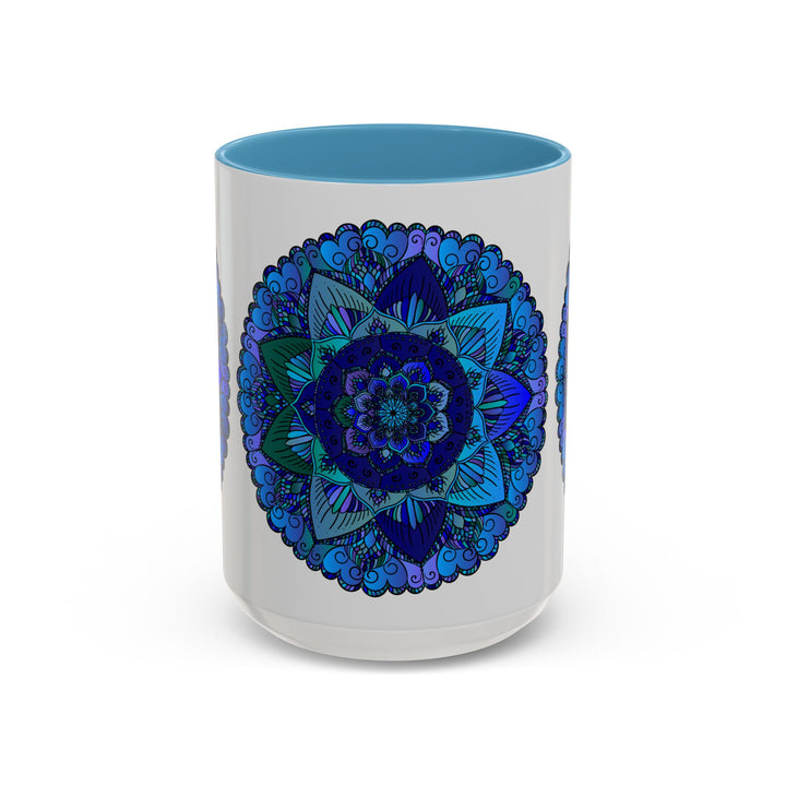 Beautiful handcrafted blue and purple mandala mug featuring intricate bohemian art design