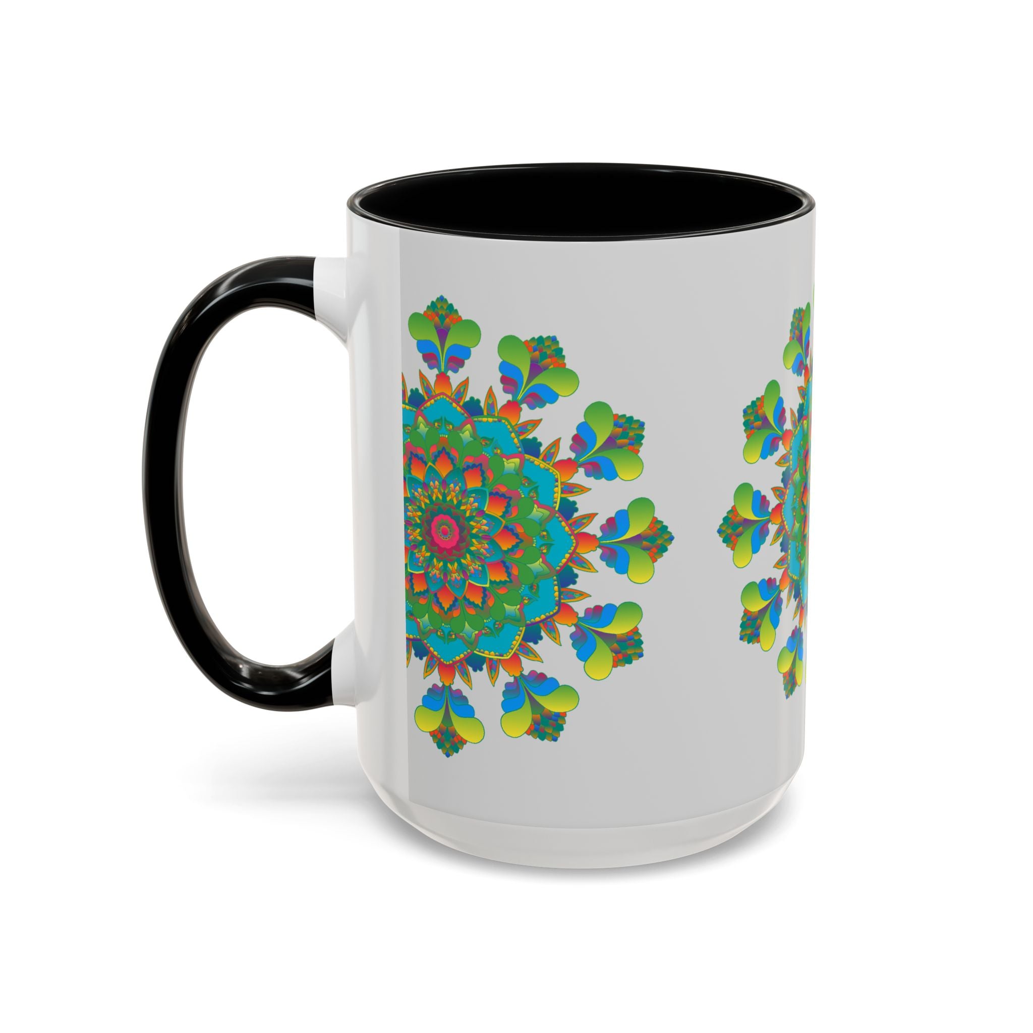 Beautiful mandala art mug featuring vibrant colors against a grey background