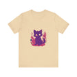 A whimsical purple cat with a mysterious expression, featured on a t-shirt