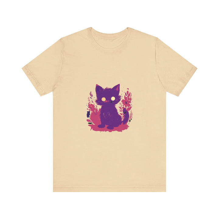 A whimsical purple cat with a mysterious expression, featured on a t-shirt