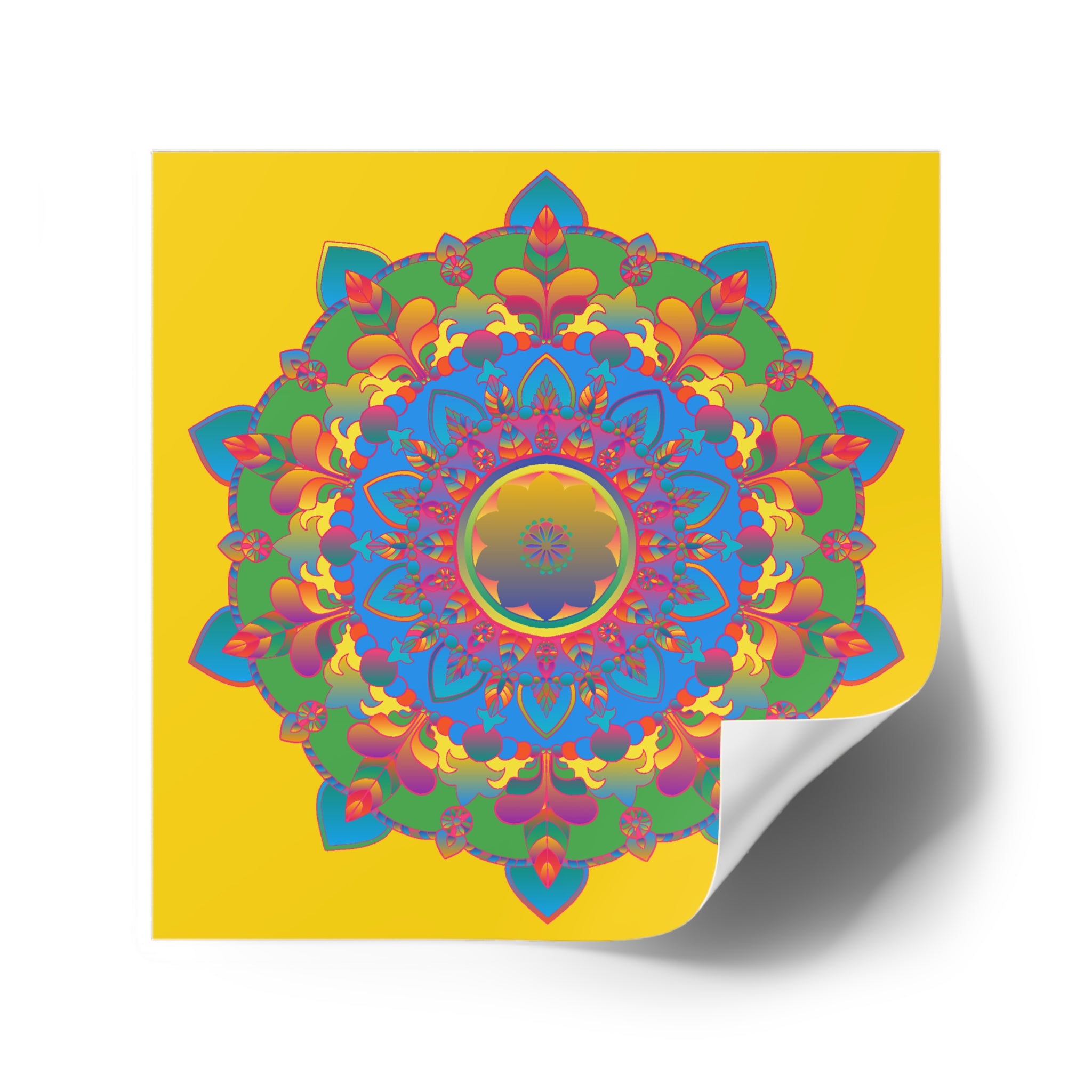 Handgezeichnete Mandala-Laminieraufkleber – Gold, Rot und Grün auf sonnengelbem Grund