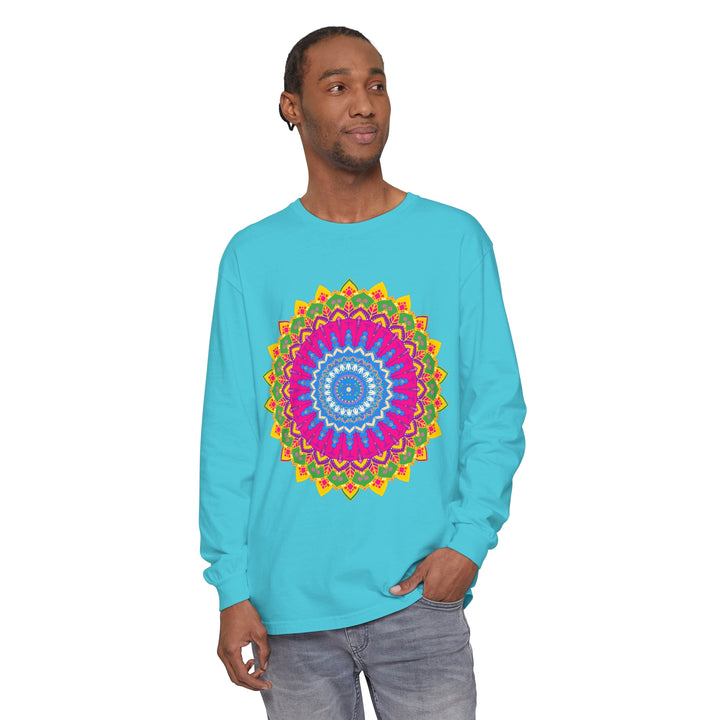 Colorful and intricate mandala design printed on a unisex long sleeve t-shirt