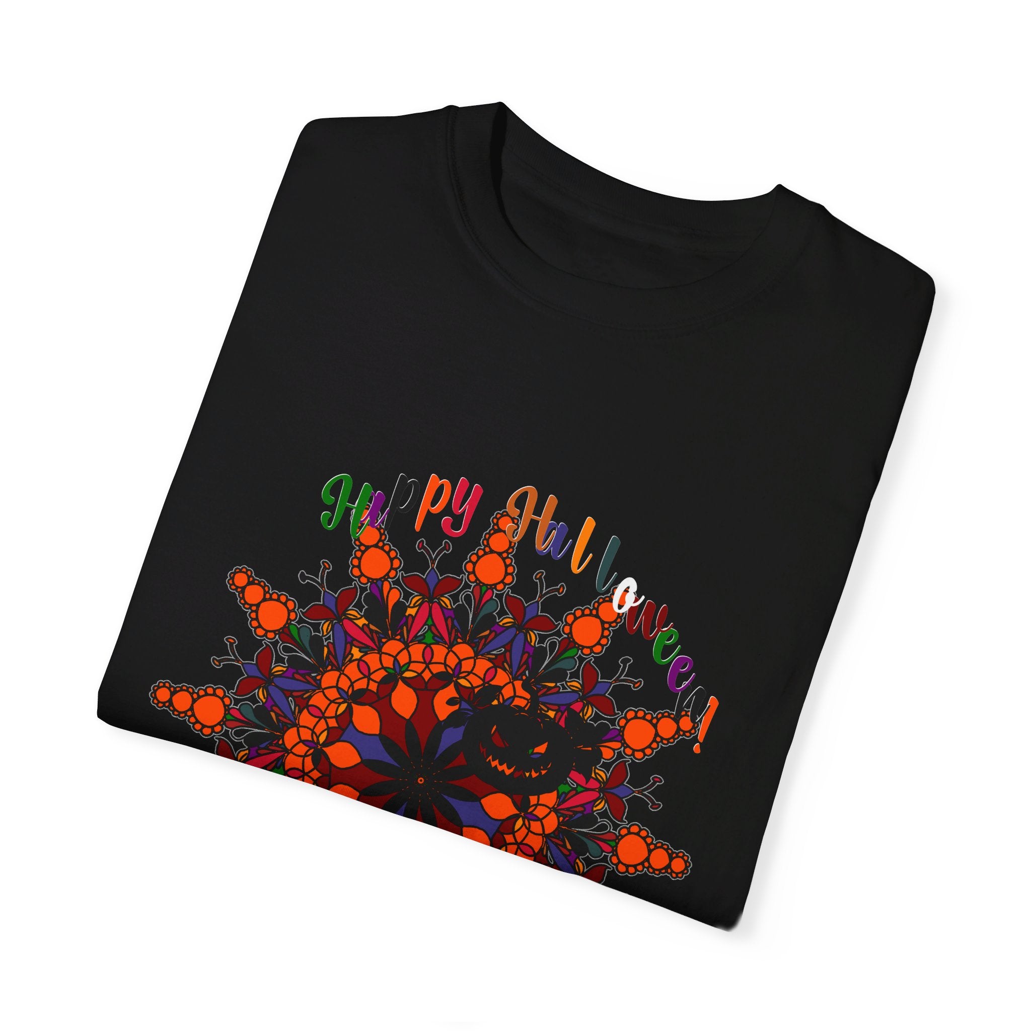 Handmade unisex Halloween mandala t-shirt featuring intricate pumpkin mandala art, garment-dyed for a unique and stylish tee design