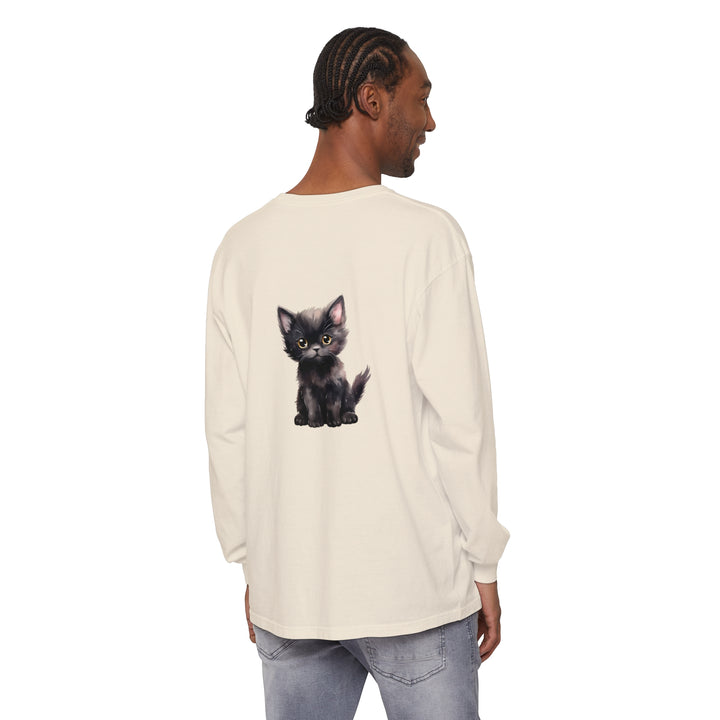 Adorable black kitten with bright yellow eyes printed on a comfortable long sleeve t-shirt