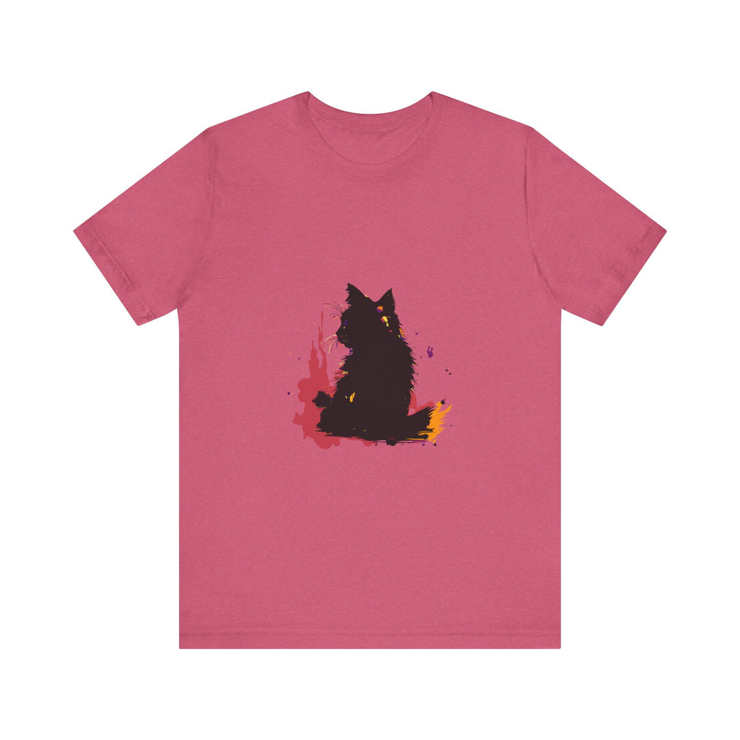 Black Cat Mystery T-Shirt with Colorful Splatter Art on Black Background