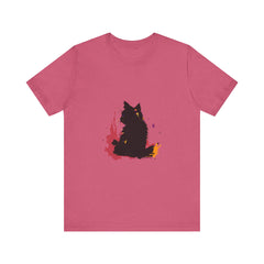Black Cat Mystery T-Shirt with Colorful Splatter Art on Black Background