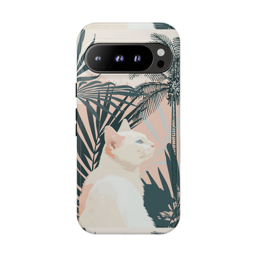 Tropische Katzen-Telefonhülle mit üppigen Palmenmotiven und sanften Pastelltönen
