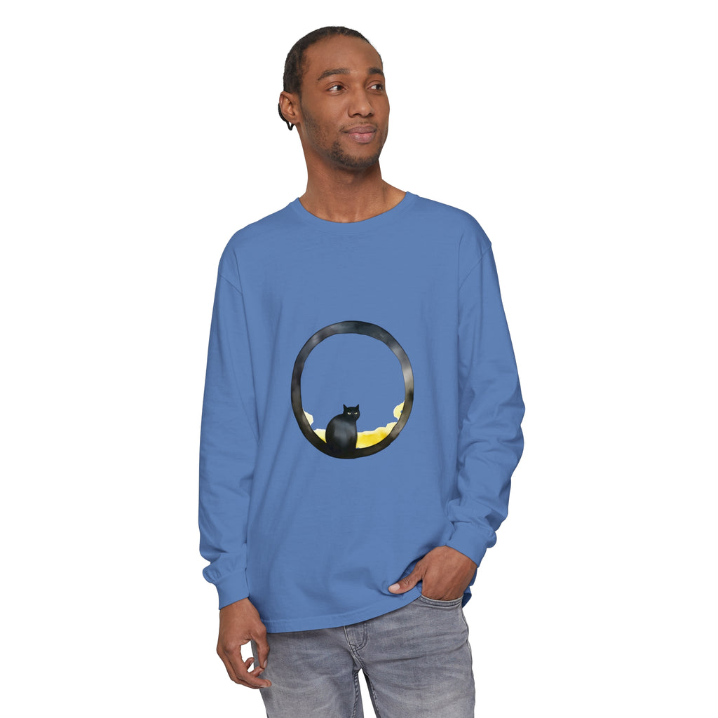 Black Cat Moon Glow Long Sleeve T-Shirt with vibrant moon and cat design