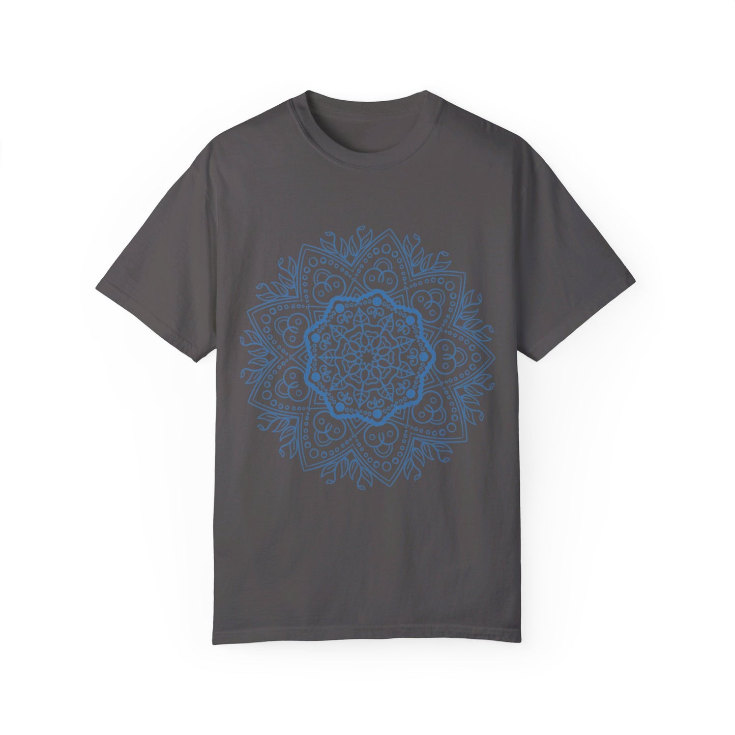 Handmade unisex garment-dyed t-shirt featuring a unique mandala art design created by hand