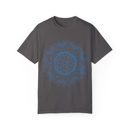 Handmade unisex garment-dyed t-shirt featuring a unique mandala art design created by hand