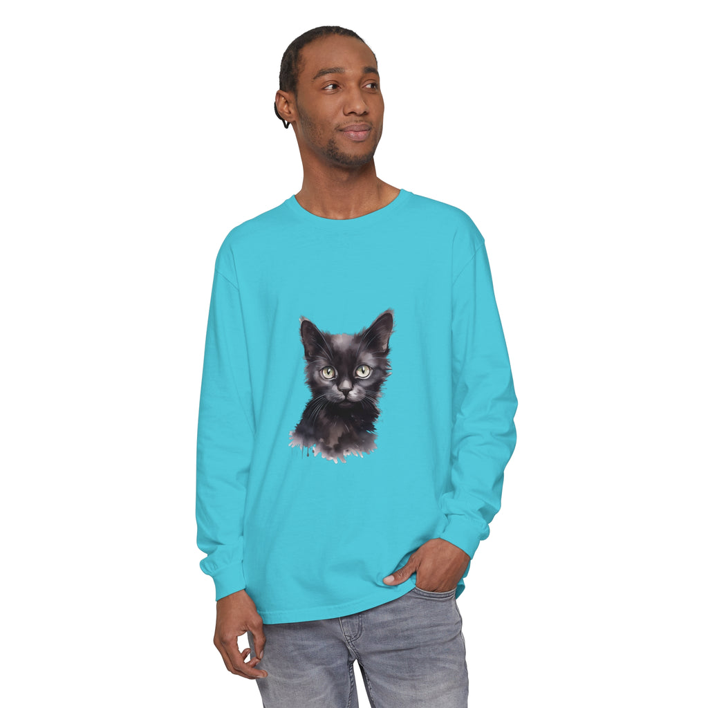 Black Cat Watercolor Long Sleeve T-Shirt: a stylish, comfortable, and artistic top featuring a beautiful watercolor cat design