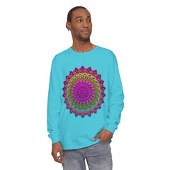 Person Embracing Comfort and Style in Vibrant Mandala Unisex Long Sleeve T-Shirt